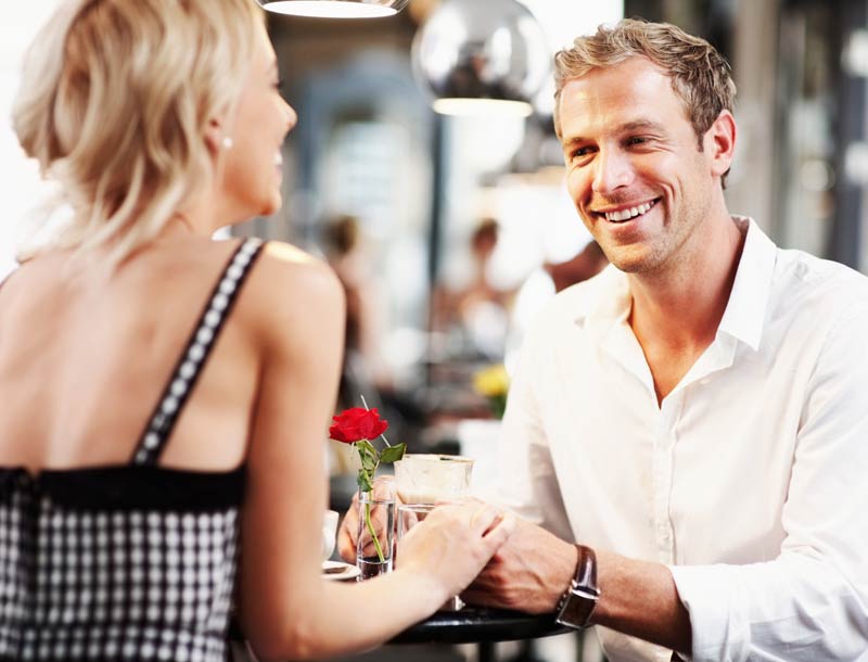 Couple smiling in restaurant